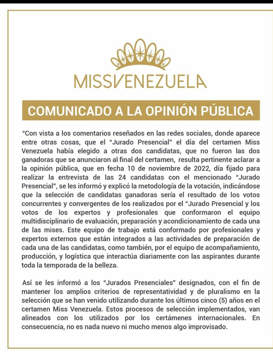 Organización Miss Venezuela desmiente fraude en el certámen a través de comunicado.