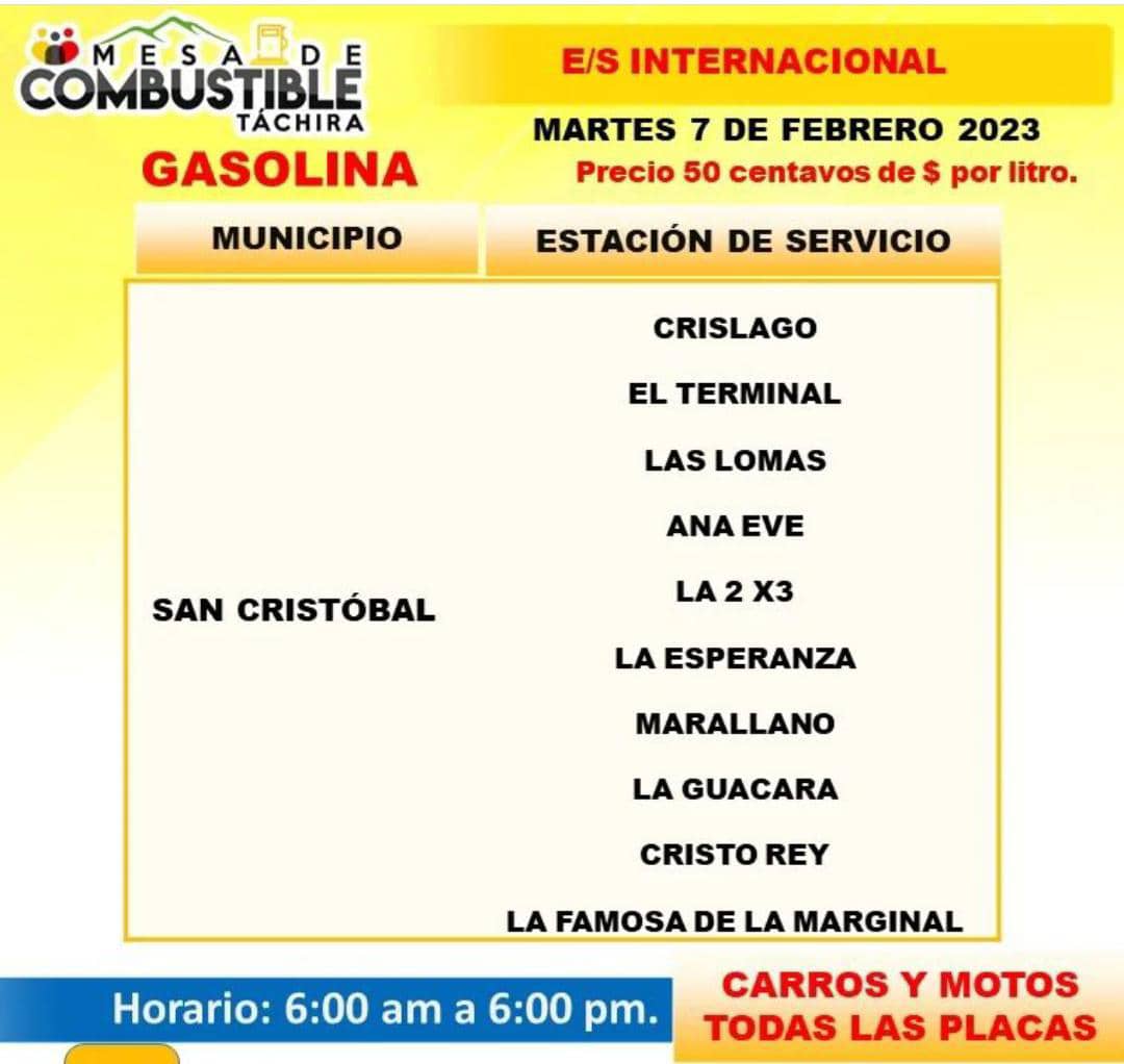 Combustible San Cristóbal hoy 7 de febrero de 2023 y municipios