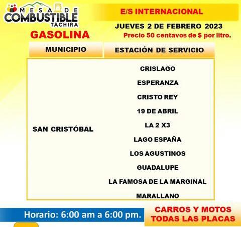 Estaciones de servicio Combustible San Cristóbal y demás municipios 2 de febrero